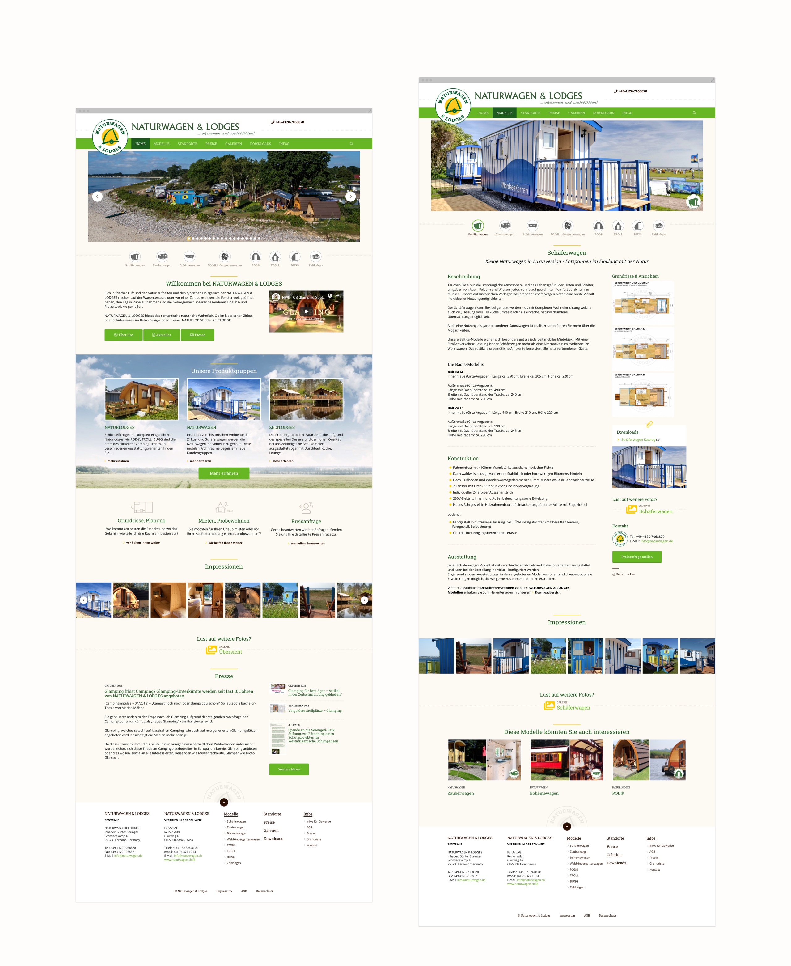 Screenshots der Webseite von Naturwagen und Lodges