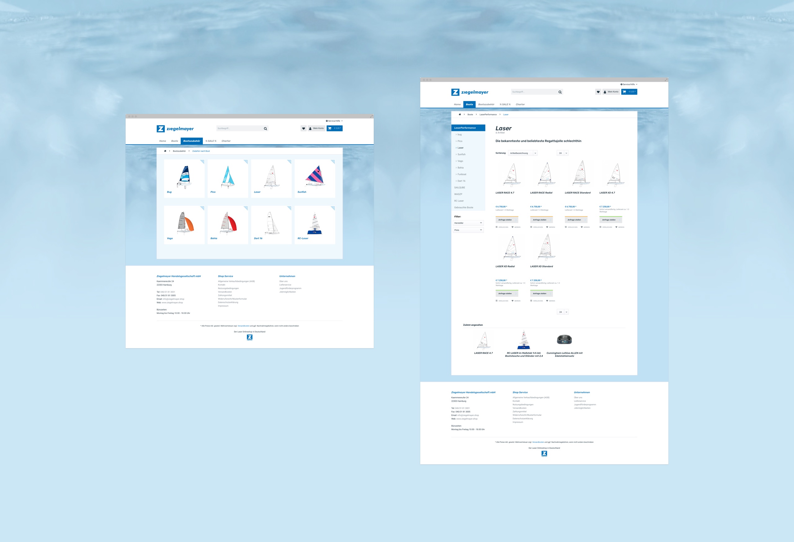 Screenshots des Ziegelmayer-Onlineshops mit Shopware