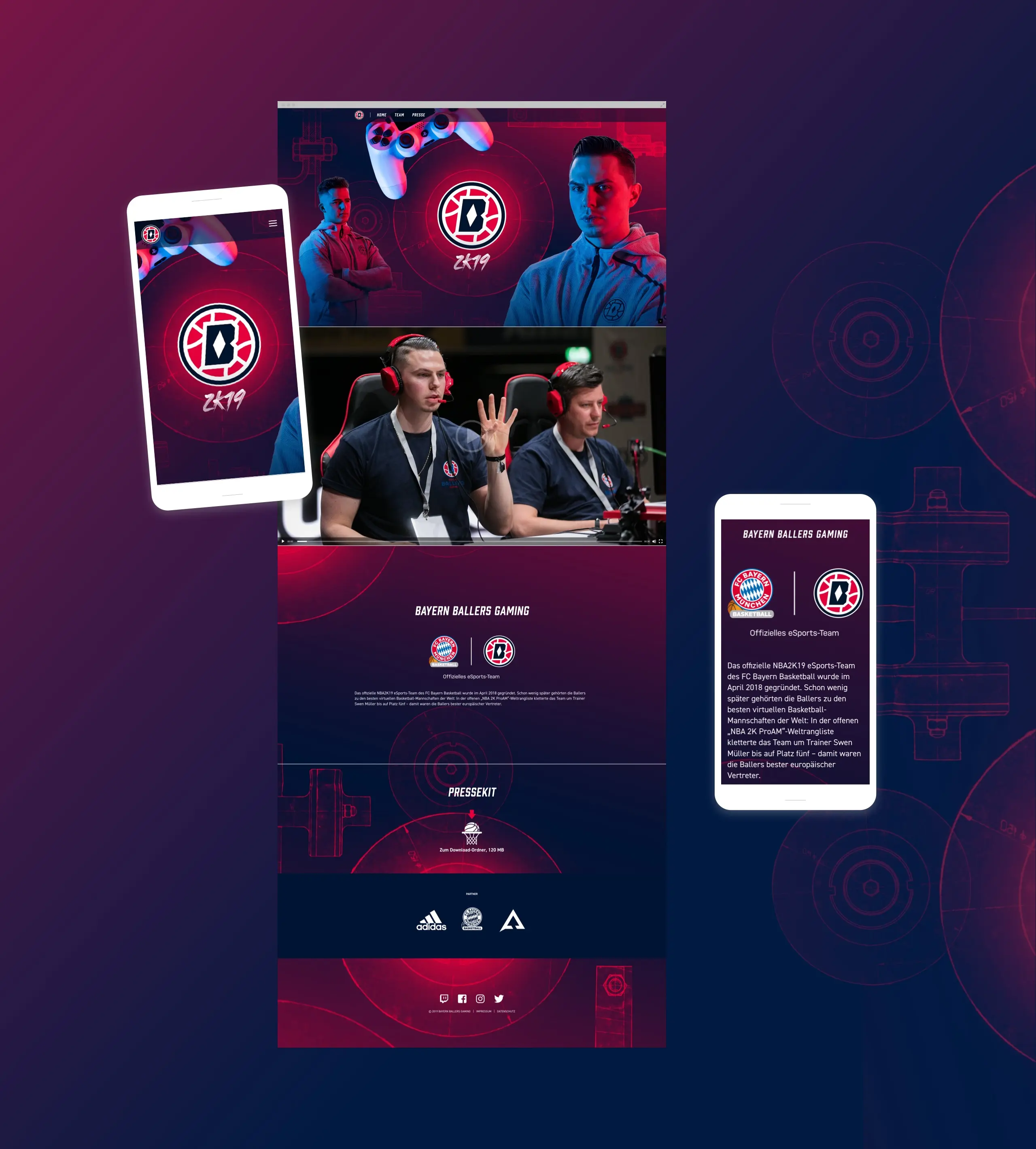 Screendesign der responsiven Webseite der Bayern Ballers Gaming Abteilung des FC Bayern München