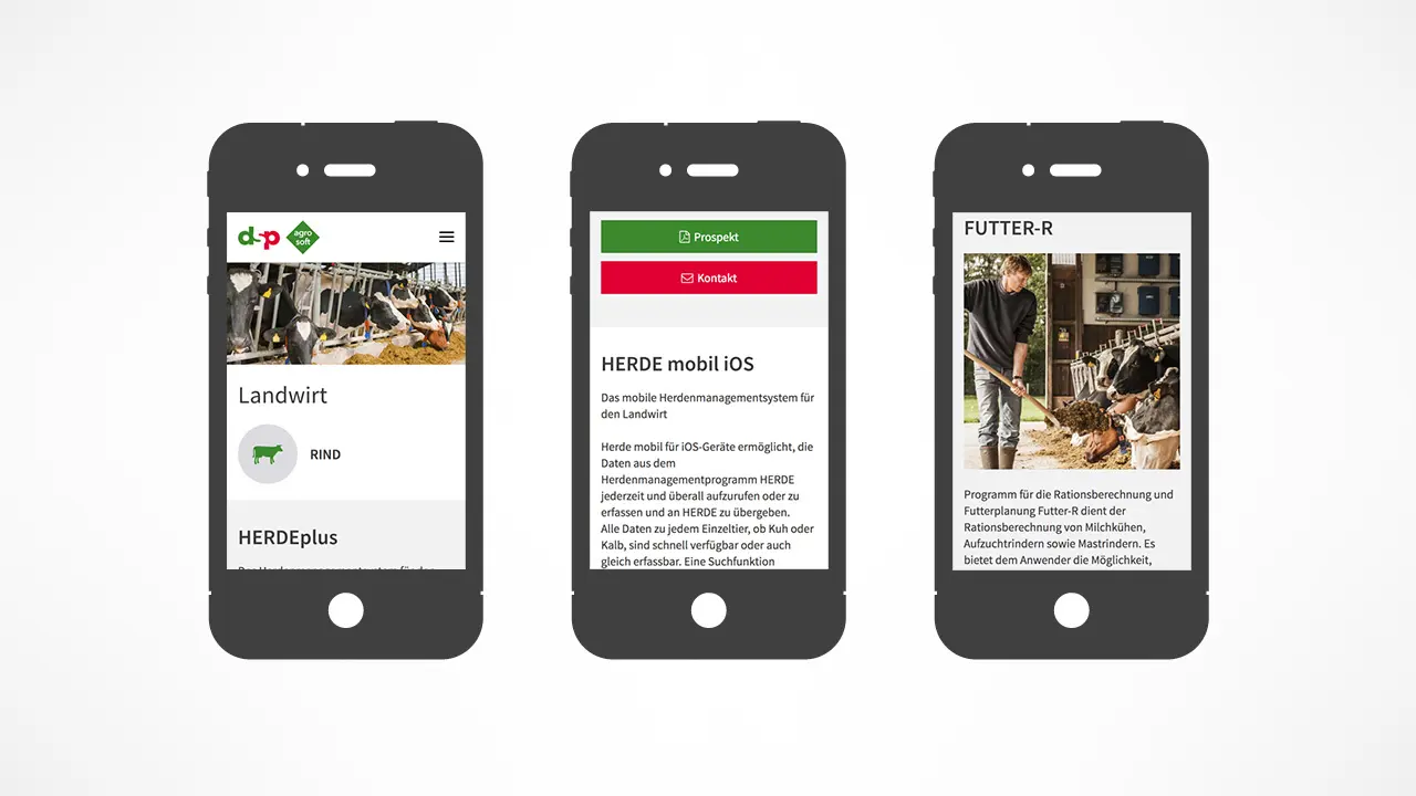 Verschiedene Mobilansichten der dsp-Agrosoft-Webseite