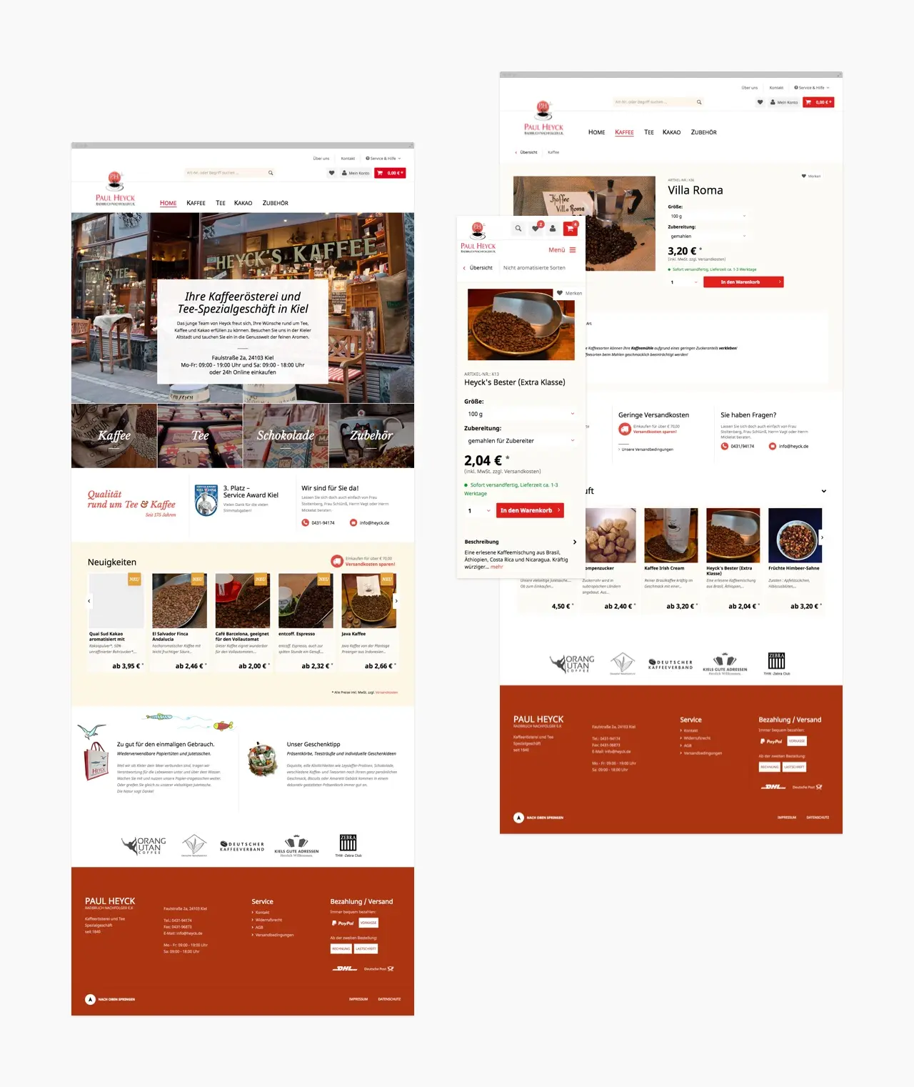 Starseite und Produktansichten des Shopware-Shops von Heyck Kaffee & Tee