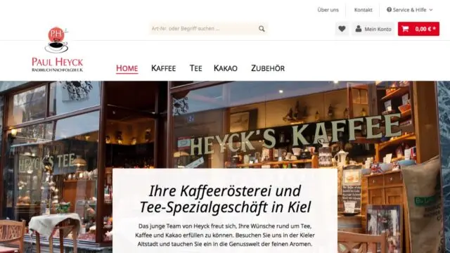 Header-Bereich des Onlineshops von Heyck Kaffee & Tee aus Kiel