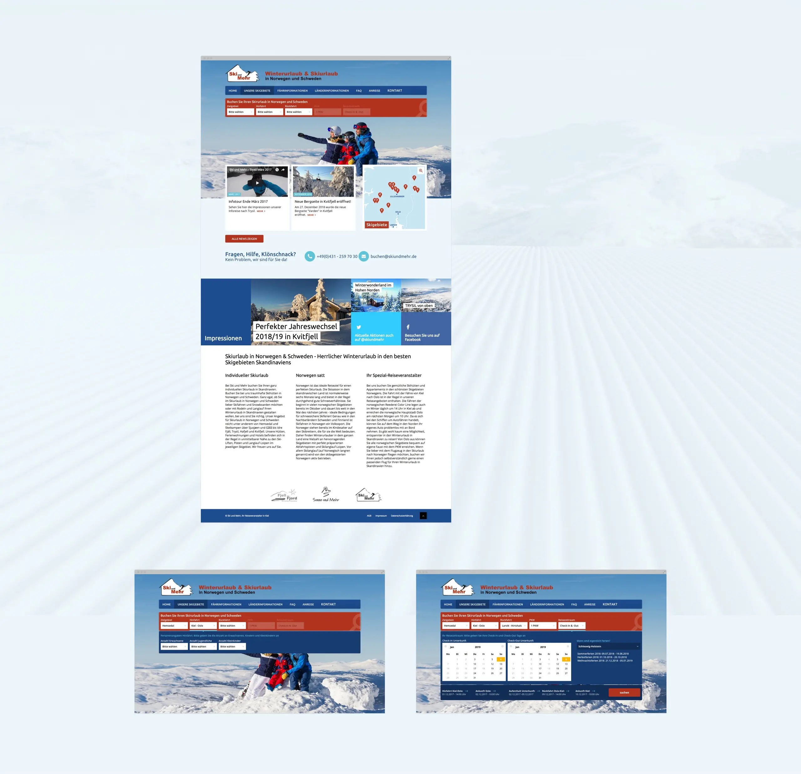 Verschiedene Layout-Elemente der Desktopansicht der Webseite des Reiseveranstalters Ski & mehr
