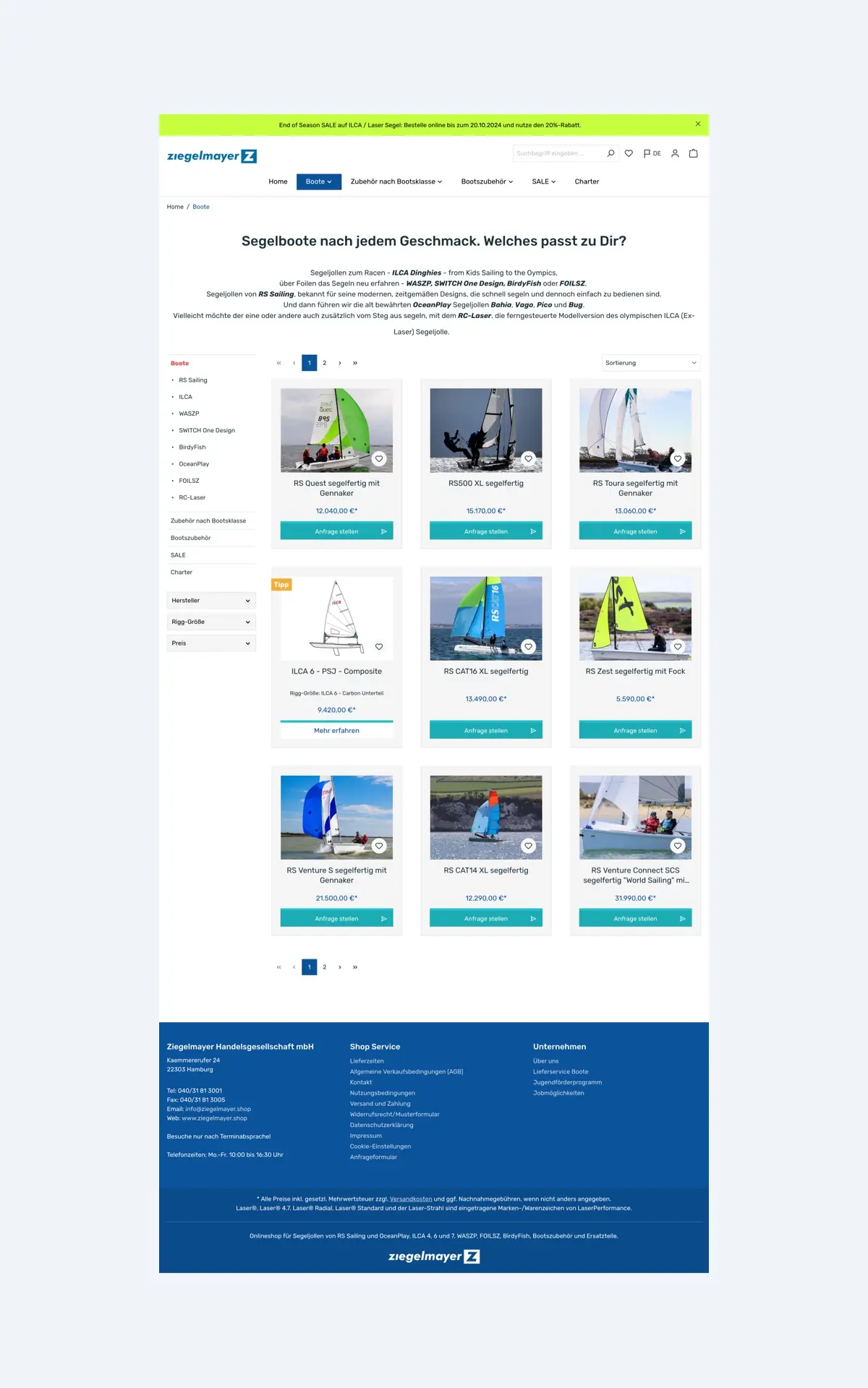 Desktop-Ansicht der Kategorieseite des Shopware-Onlineshops von Ziegelmayer aus Hamburg