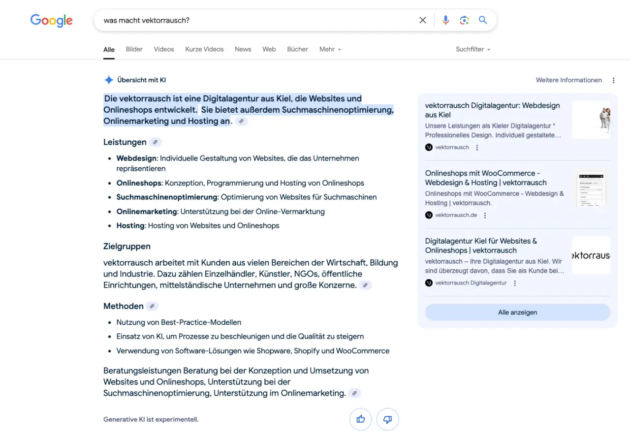 Screenshot der neuen Google-Funktion "Übersicht mit KI" anhand vektorrausch Screenshot der neuen Google-Funktion "Übersicht mit KI" anhand vektorrausch