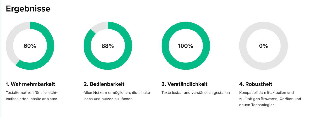 Ergebnisse des A11y-Reports mit 4 Tortengrafiken für Bewertungskategorien