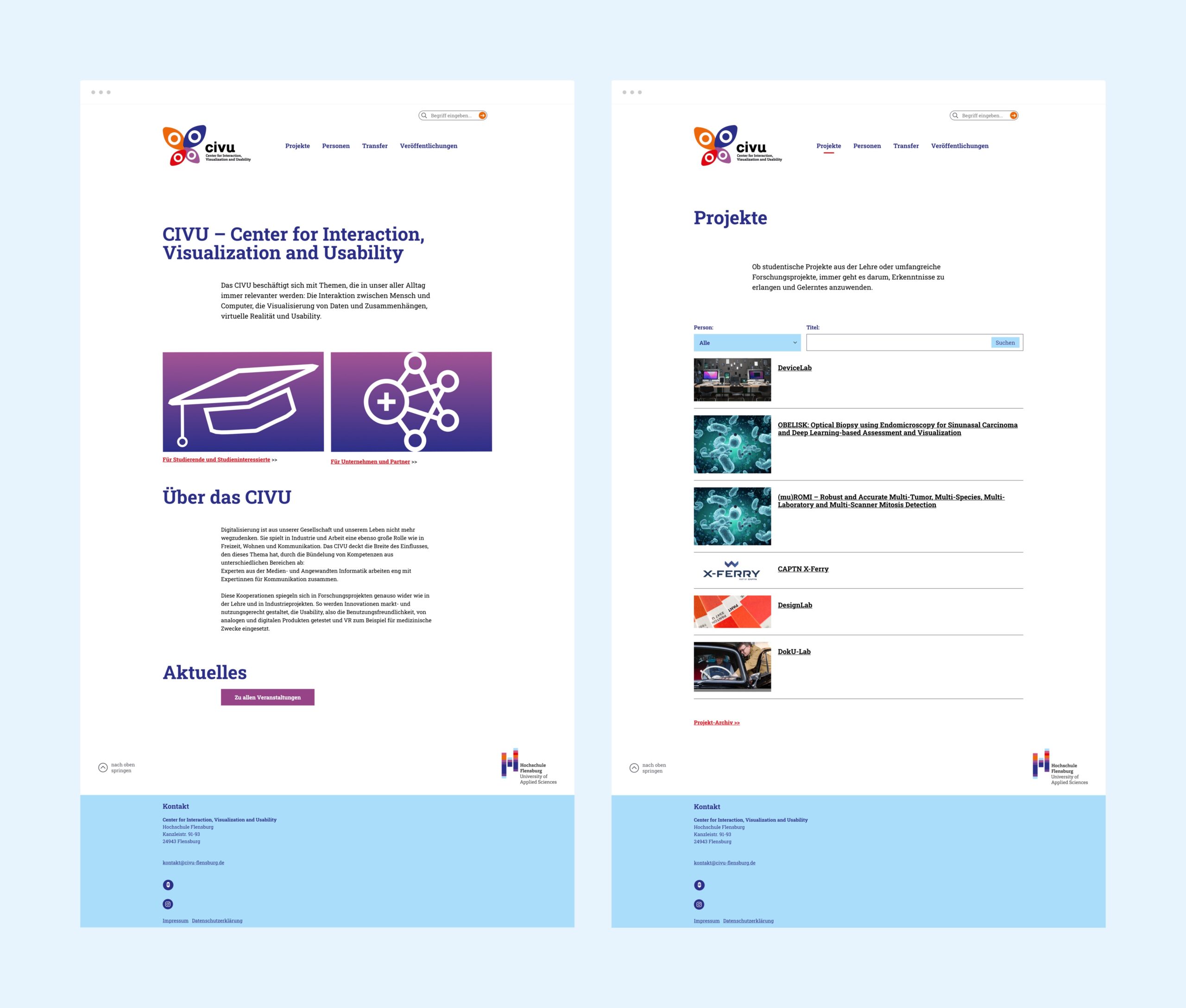 Übersicht der Startseite und Projekte