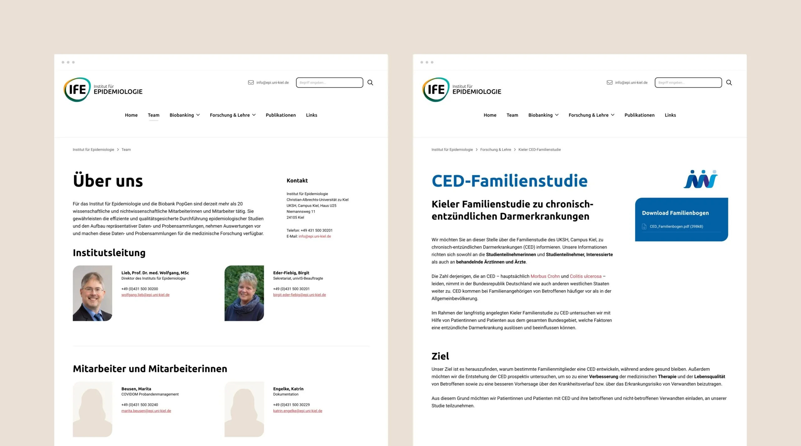 diverse Ansichten der Volle Ansicht der Website des Instituts für Epidemiologie