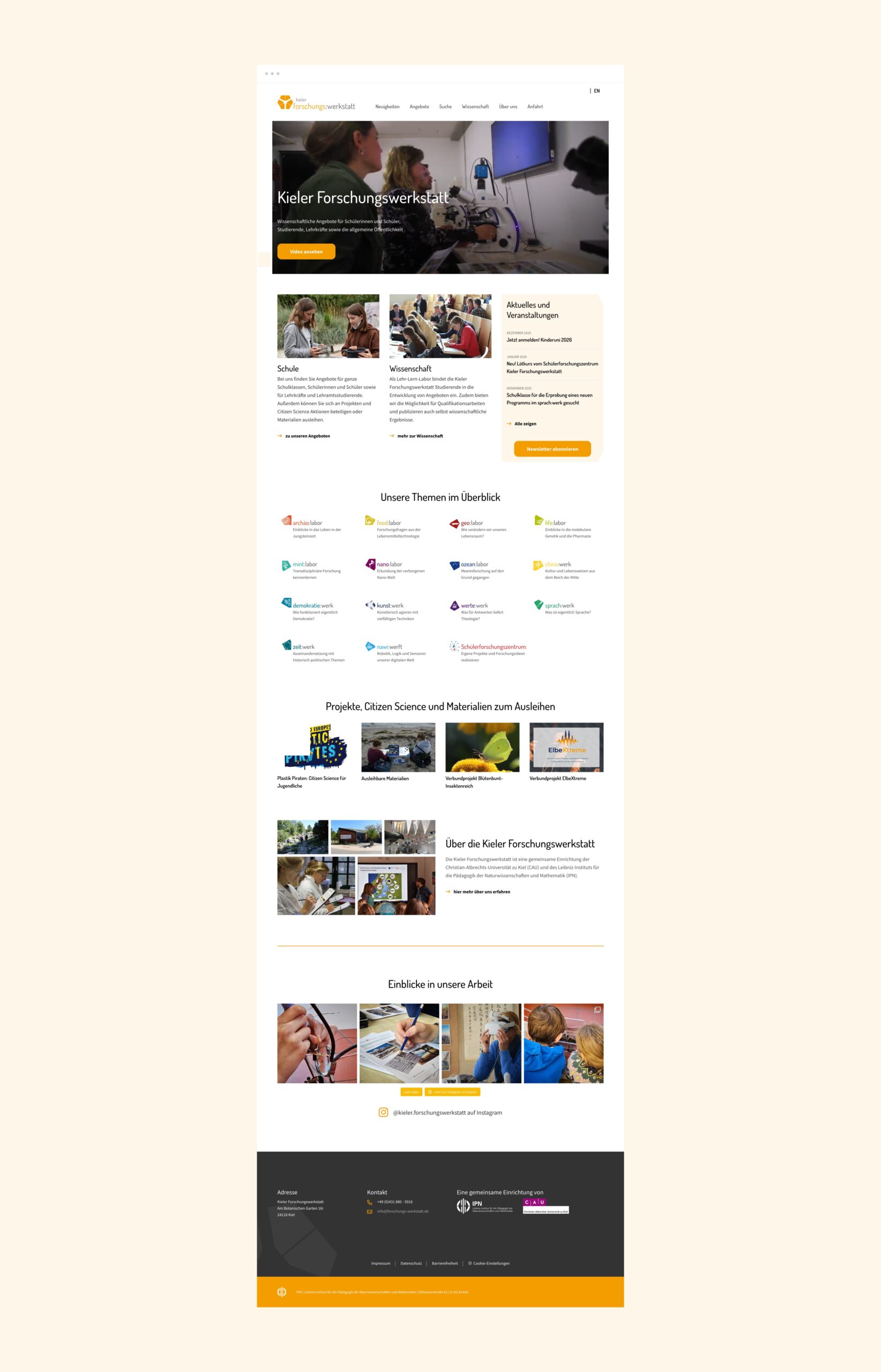 Ansicht der Homepage der Kieler Forschungswerkstatt