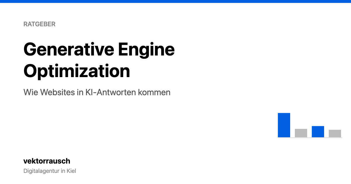 Titelbild des Ratgebers Generative Engine Optimization mit Balkenmotiv, das das Verhältnis von KI-Antwort zu organischen Plätzen aufgreift.