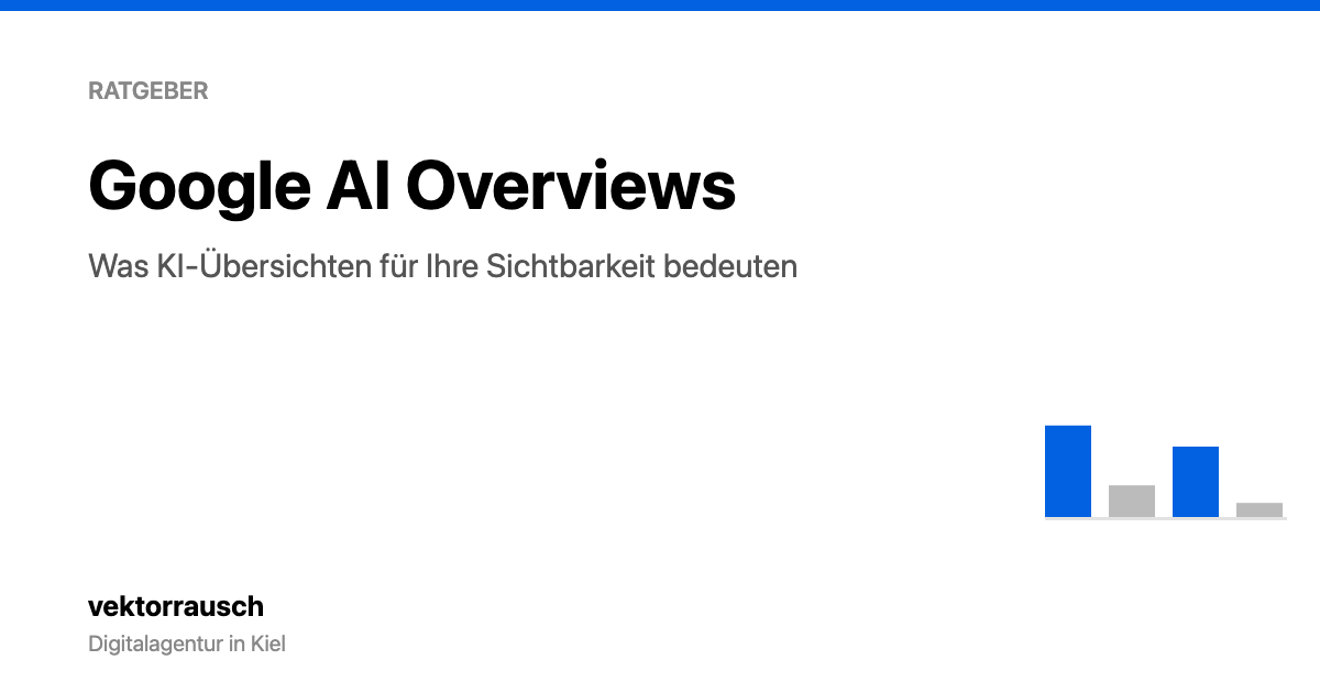 Titelbild des Ratgebers Google AI Overviews mit Balkenmotiv zum Verhältnis von KI-Übersicht und organischen Ergebnissen.