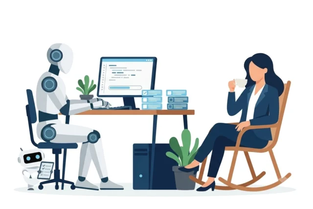 Roboter arbeitet fleissig an einem Computer. Frau sitzt in Schaukelstuhl daneben und trinkt entspannt einen Tee.