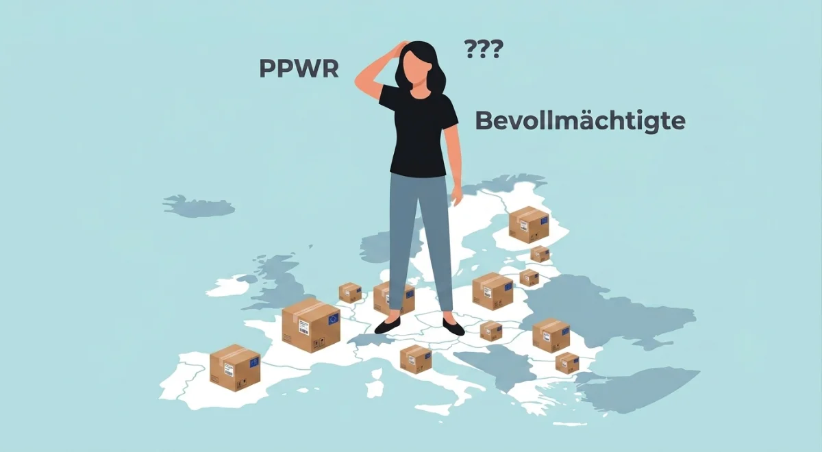 Illustration zur EU-PPWR: Frau steht ratlos auf einer Europakarte mit Paketkartons, Text 'PPWR' und 'Bevollmächtigte'