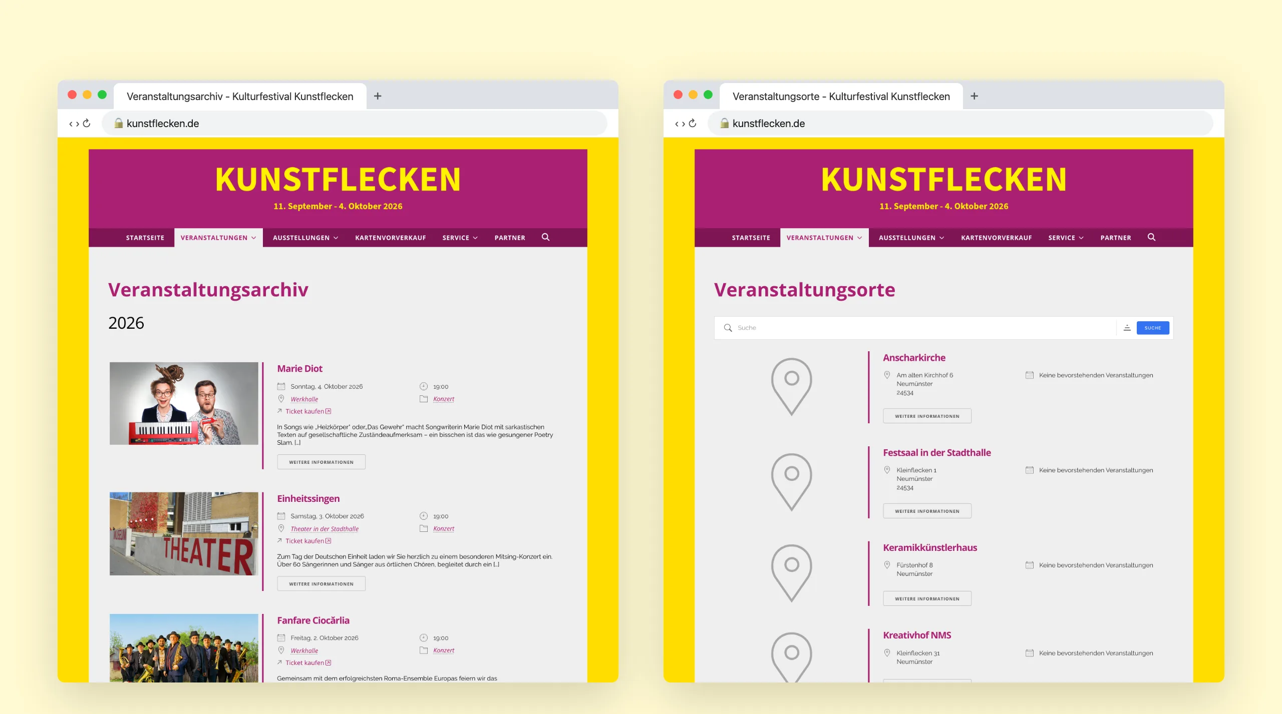 Unterseiten Veranstaltungsarchiv mit den Konzerten des Festivals 2026 und Veranstaltungsorte mit den Spielorten in Neumünster auf kunstflecken.de