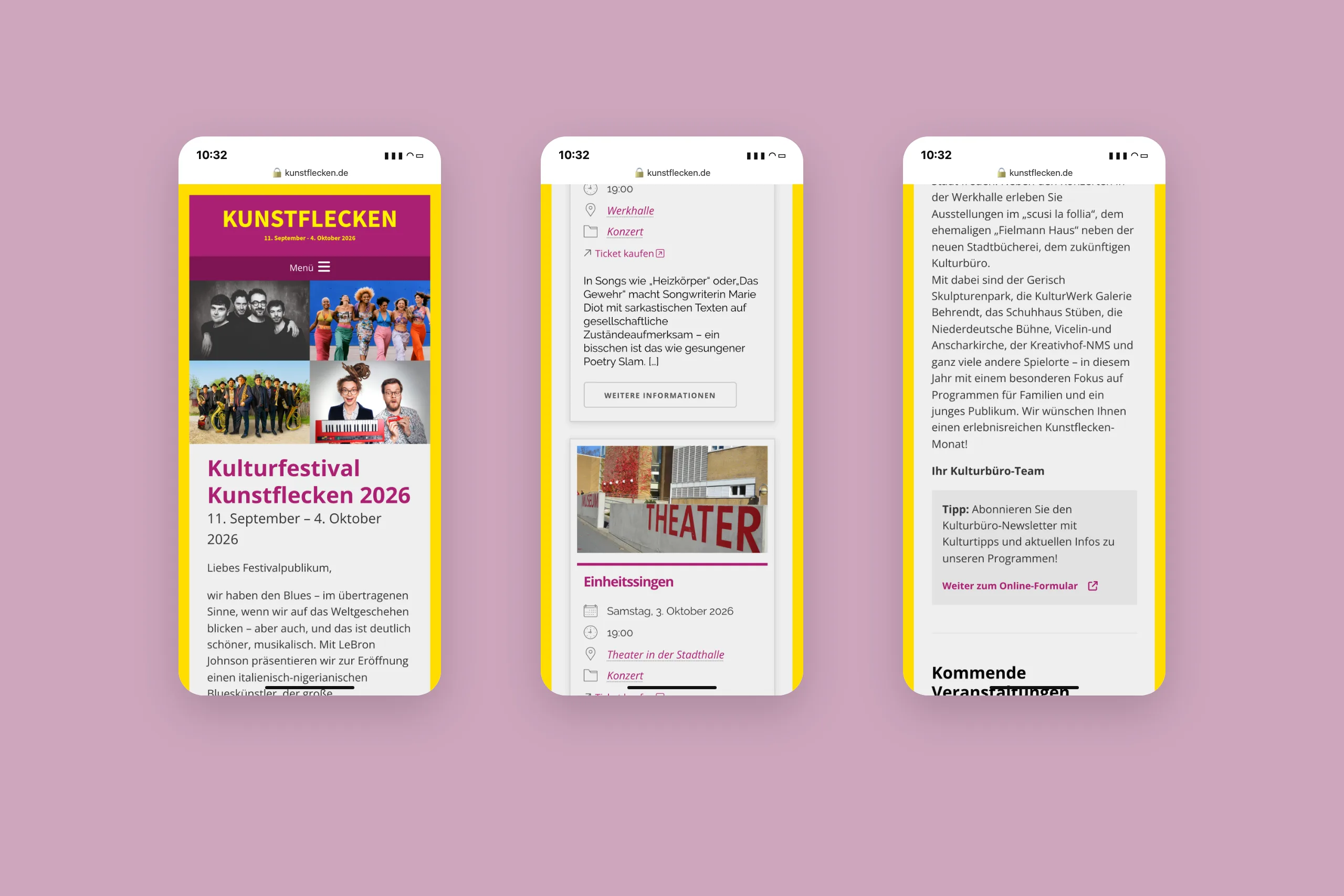 Handyansichten von kunstflecken.de mit Festivaltermin und Künstlerfotos, dem Veranstaltungsarchiv und dem Grußwort des Kulturbüros