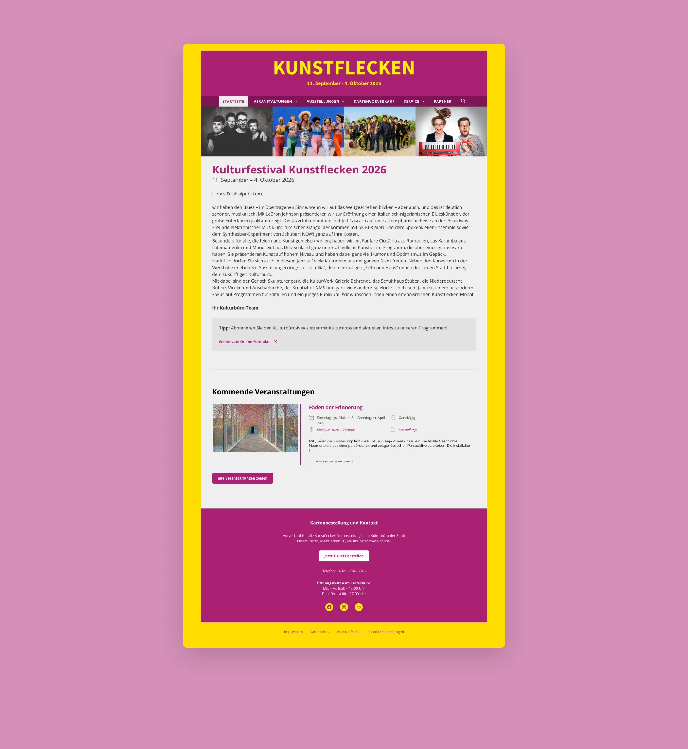 Komplette Startseite von kunstflecken.de mit dem Festivaltermin 2026, dem Grußwort des Kulturbüros und kommenden Veranstaltungen