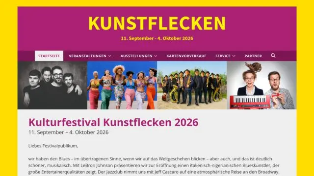 Komplette Startseite von kunstflecken.de mit dem Festivaltermin 2026, dem Grußwort des Kulturbüros und kommenden Veranstaltungen
