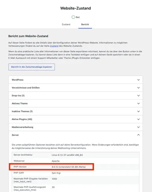 Screenshot aus dem WordPress-Adminbereich mit Position des PHP-Versionshinweises