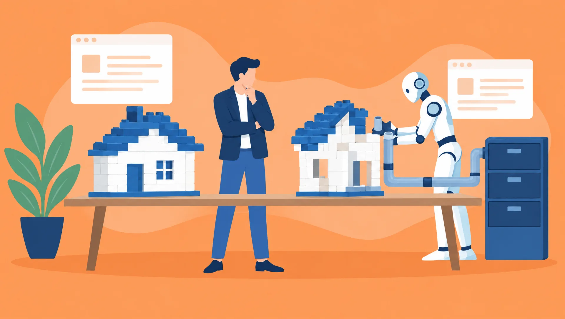 Illustration: Ein Unternehmer ohne Gesicht vergleicht ein Modellhaus aus Fertigbausteinen mit einem Haus im Aufbau, an dem ein weißer Roboter mit hellblauen Flächen eine Leitung zu einem Aktenschrank verlegt.