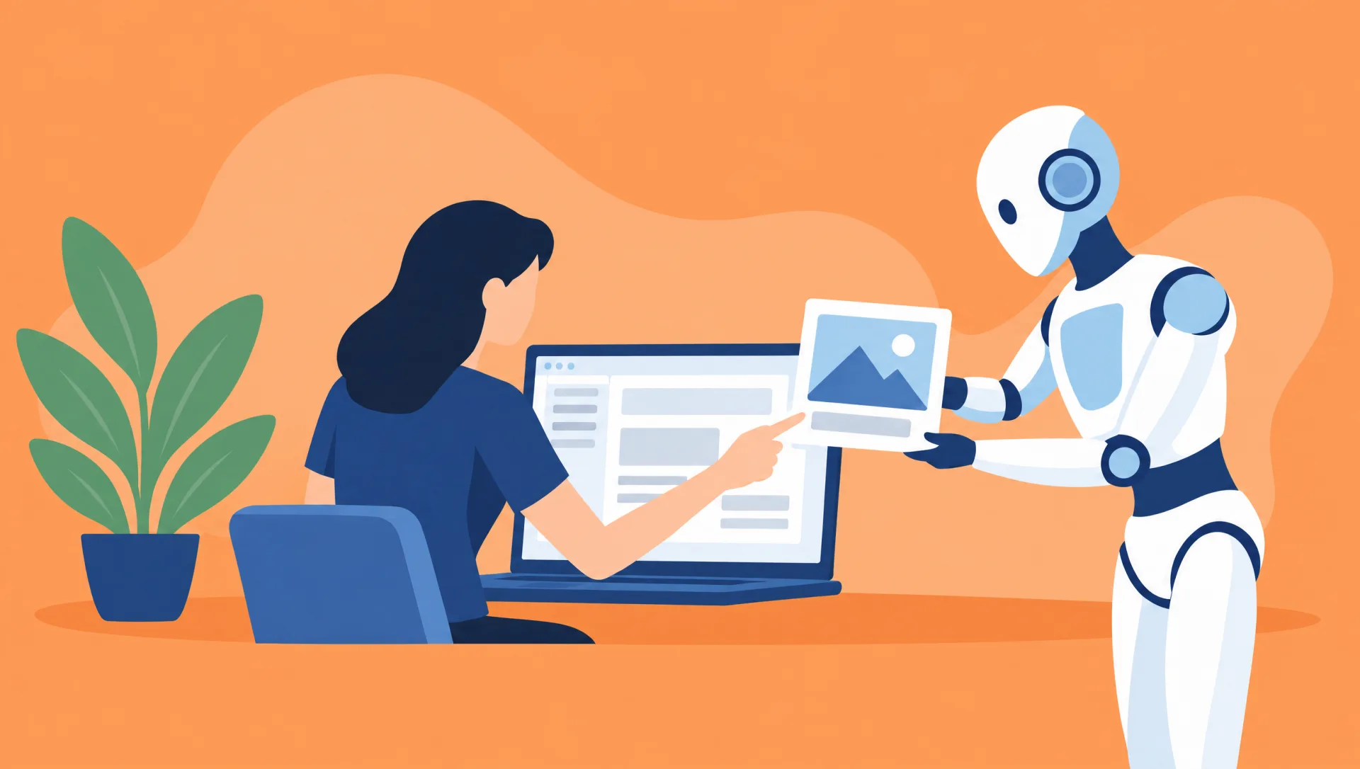 Illustration: Eine Redakteurin prüft am Laptop eine Bildbeschreibung, die ihr ein Roboter vorschlägt